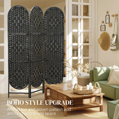 Bohemian Privacy Screen, 3 Panel Folding Room Divider, Arched Top, Black Room Dividers at Gallery Canada