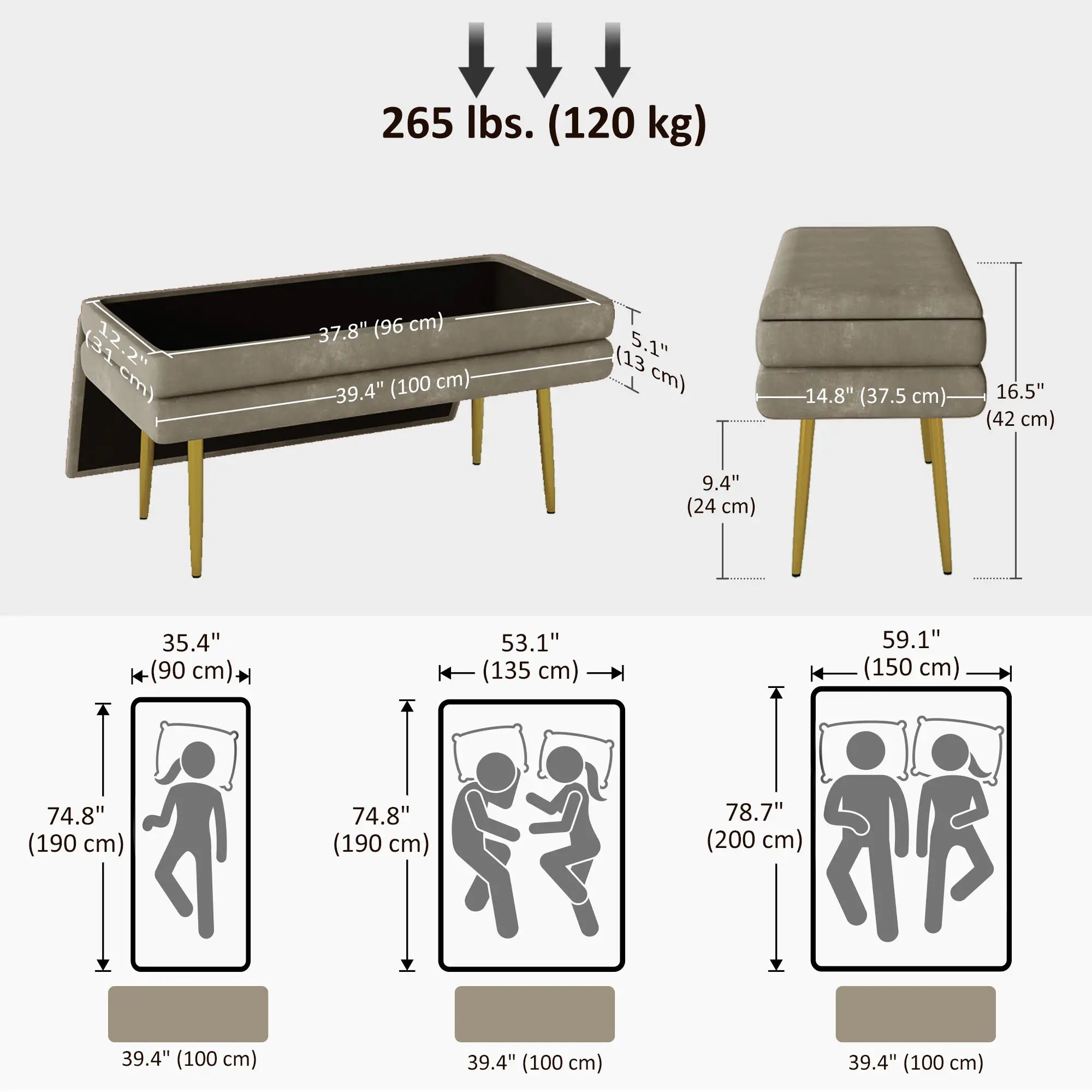Velvet Upholstered Bench, Thick Padded Seat, Steel Legs, Beige Storage Ottomans & Benches at Gallery Canada