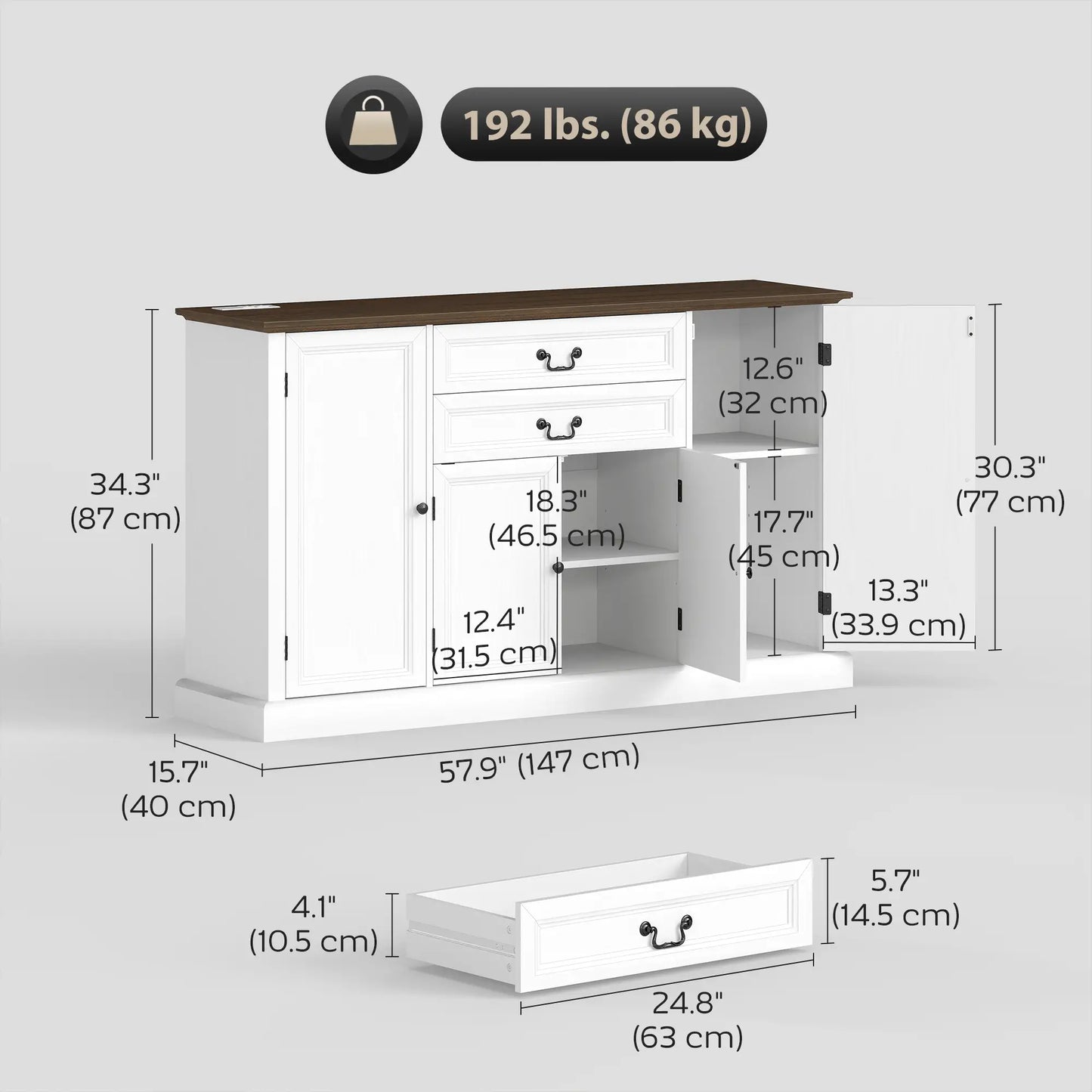 Farmhouse Sideboard with Charging Station, 58 Inch Buffet Cabinet, White Storage Cabinets at Gallery Canada