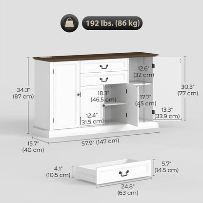 Farmhouse Sideboard with Charging Station, 58 Inch Buffet Cabinet, White Storage Cabinets at Gallery Canada