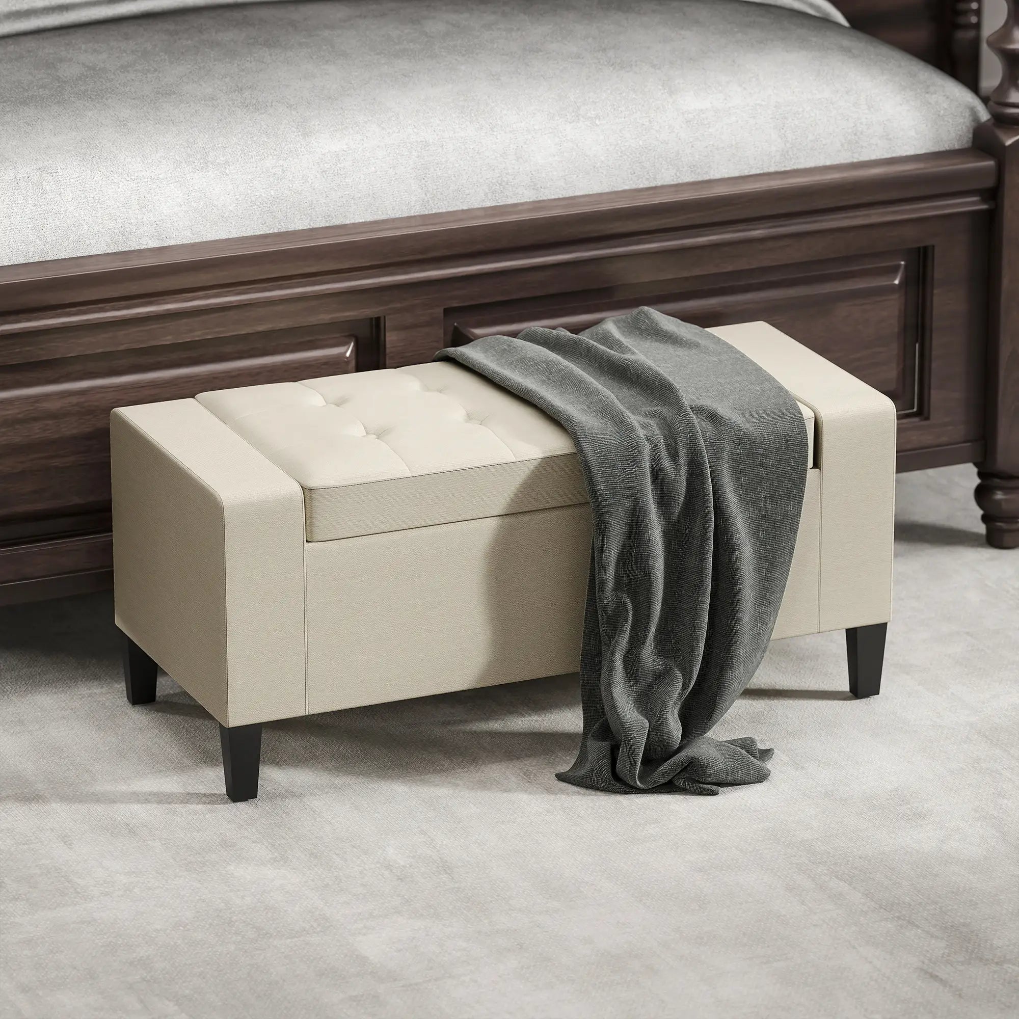 Storage Ottoman Bench, Tufted Linen Fabric, Flip Top, Beige Storage Ottomans & Benches at Gallery Canada