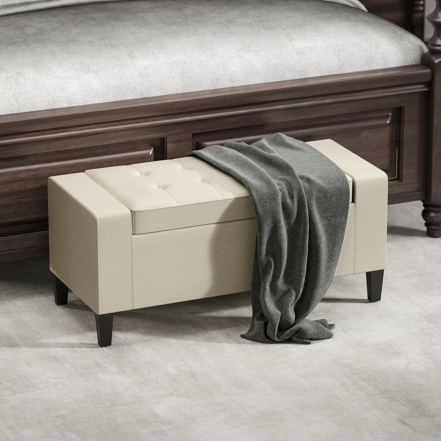 Storage Ottoman Bench, Tufted Linen Fabric, Flip Top, Beige Storage Ottomans & Benches at Gallery Canada