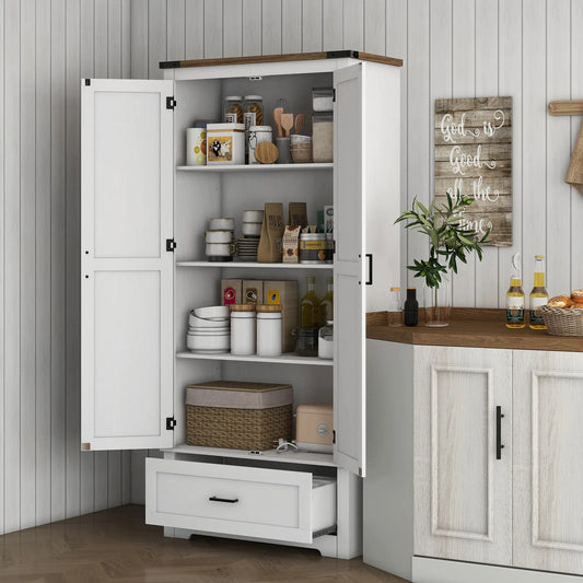 69" Tall Farmhouse Pantry Cabinet, 2 Doors, Drawer, Adjustable Shelves, White Kitchen Pantry Cabinets White at Gallery Canada