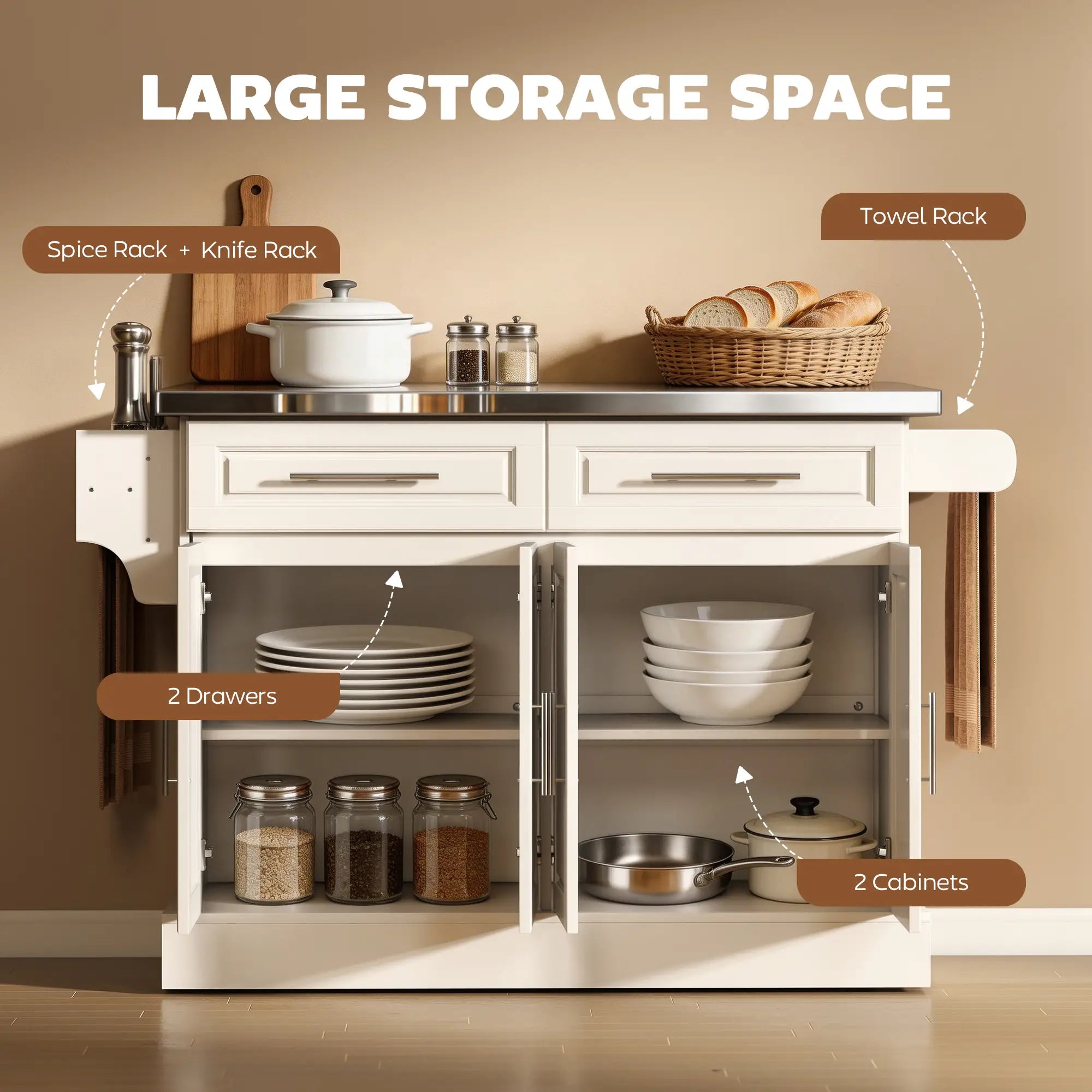 Rolling Kitchen Island with Storage, Stainless Steel Top, Drawers, Cream Kitchen Islands & Kitchen Carts at Gallery Canada