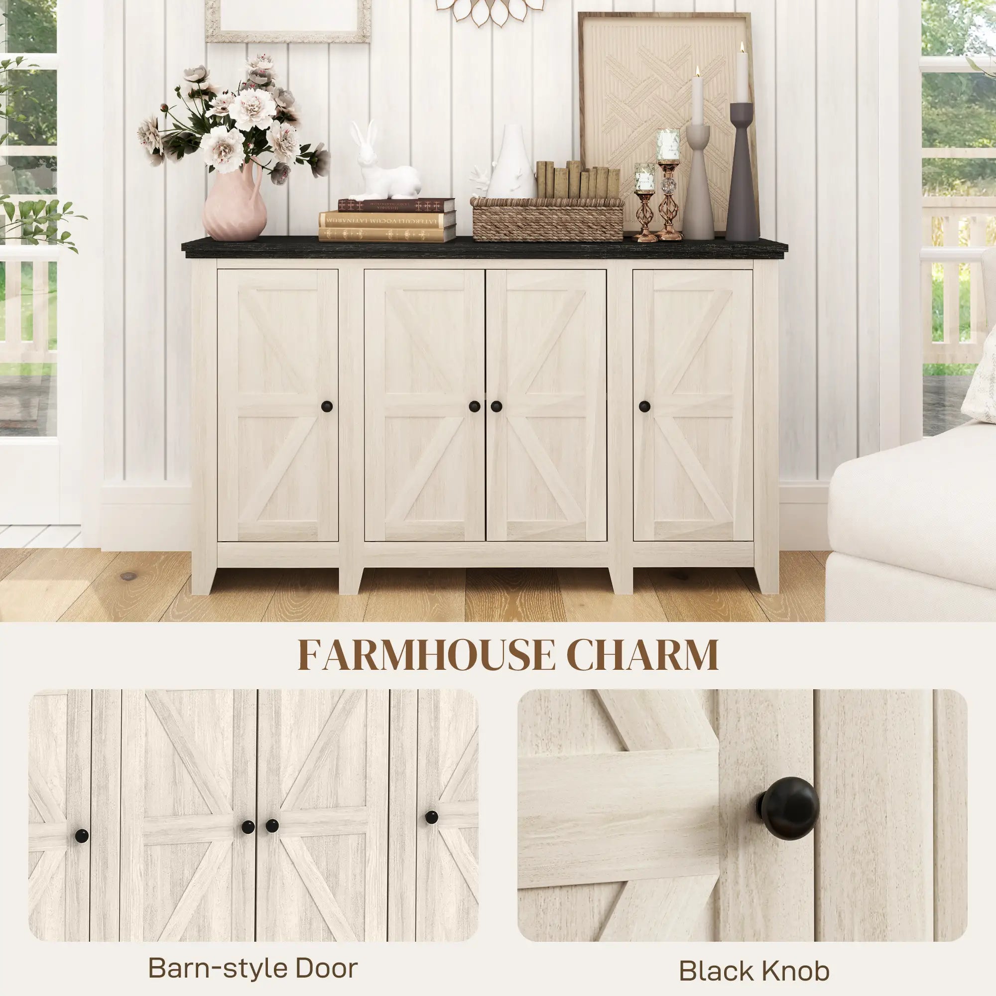 Rustic Sideboard, Buffet Cabinet, Adjustable Shelves, White Wood Grain, White Storage Cabinets at Gallery Canada