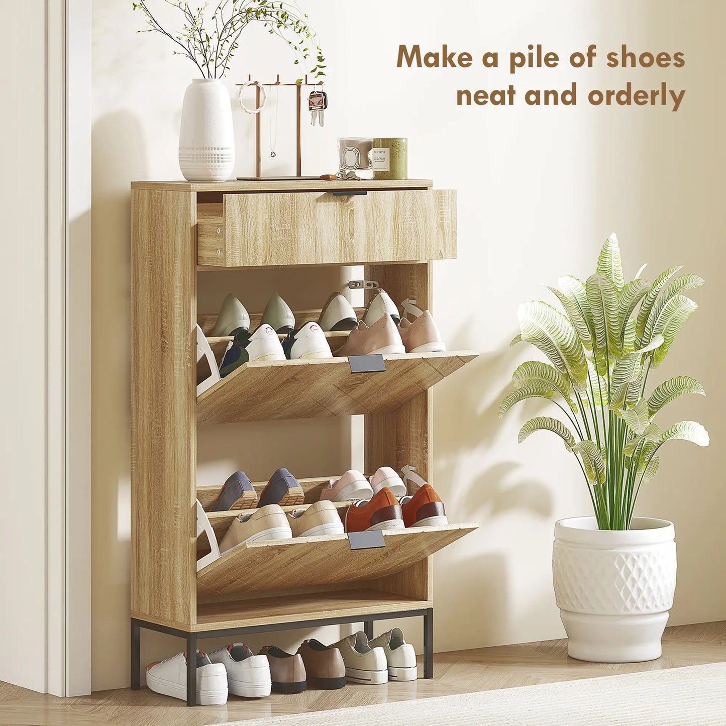 Narrow Shoe Storage Cabinet, Flip Drawers, Adjustable Shelves, Holds 8 Pairs, Oak Shoe Storage Cabinets & Racks at Gallery Canada