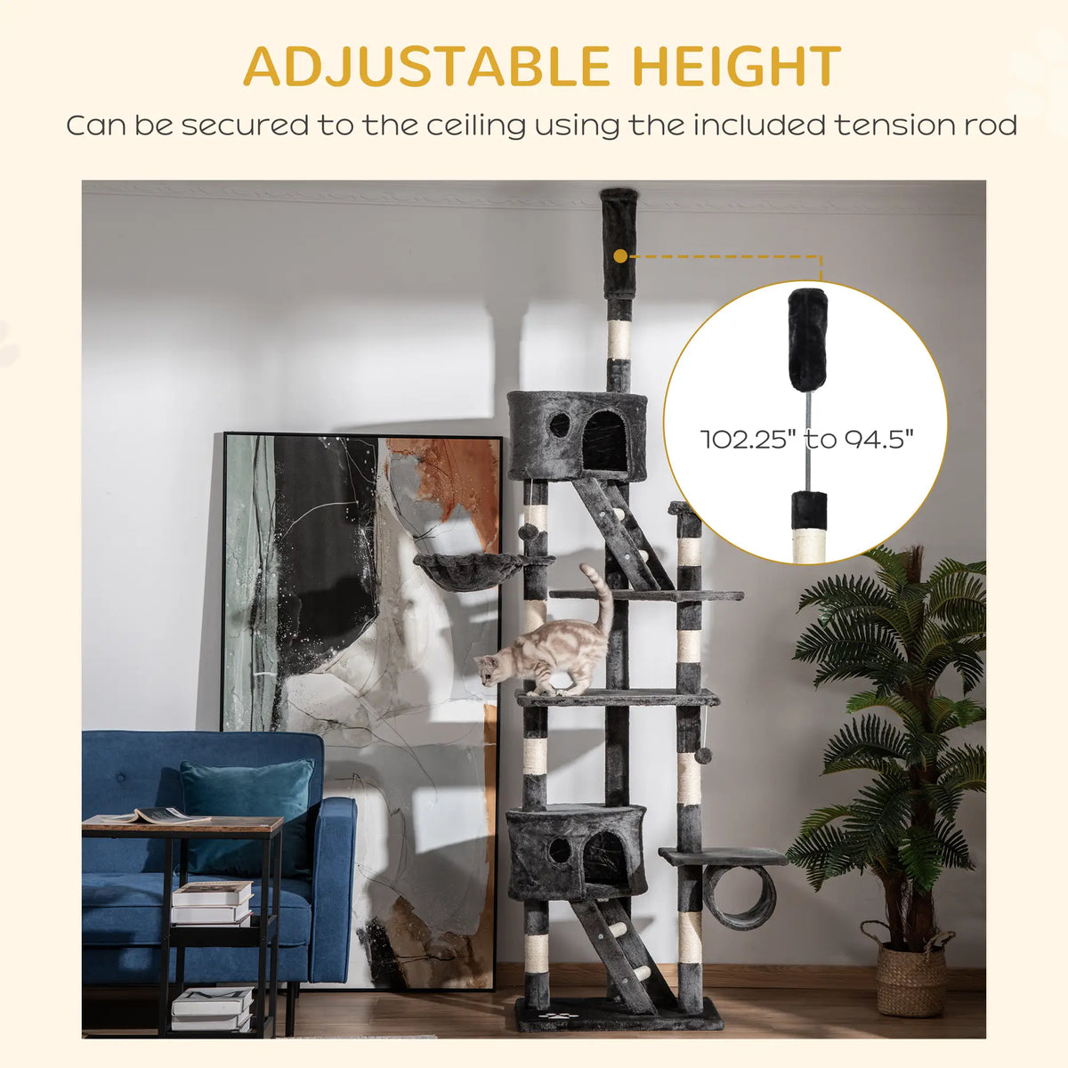 94"-102" Cat Tree, Floor to Ceiling, Multi-Level Play House, Dark Grey Floor to Ceiling Cat Trees at Gallery Canada
