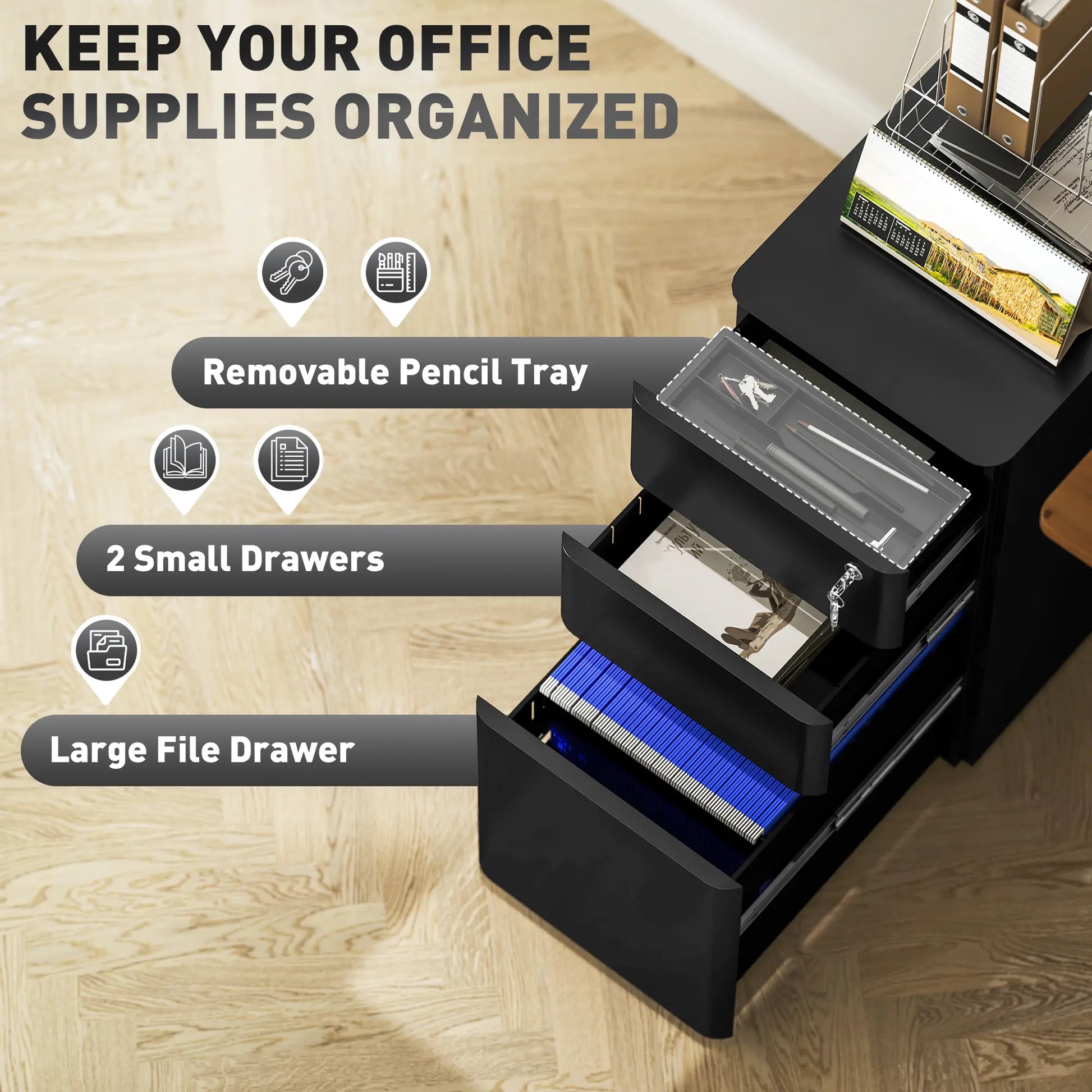 3 Drawer Filing Cabinet, Lockable Steel Office Storage, Black Office Cabinets & Cupboards at Gallery Canada