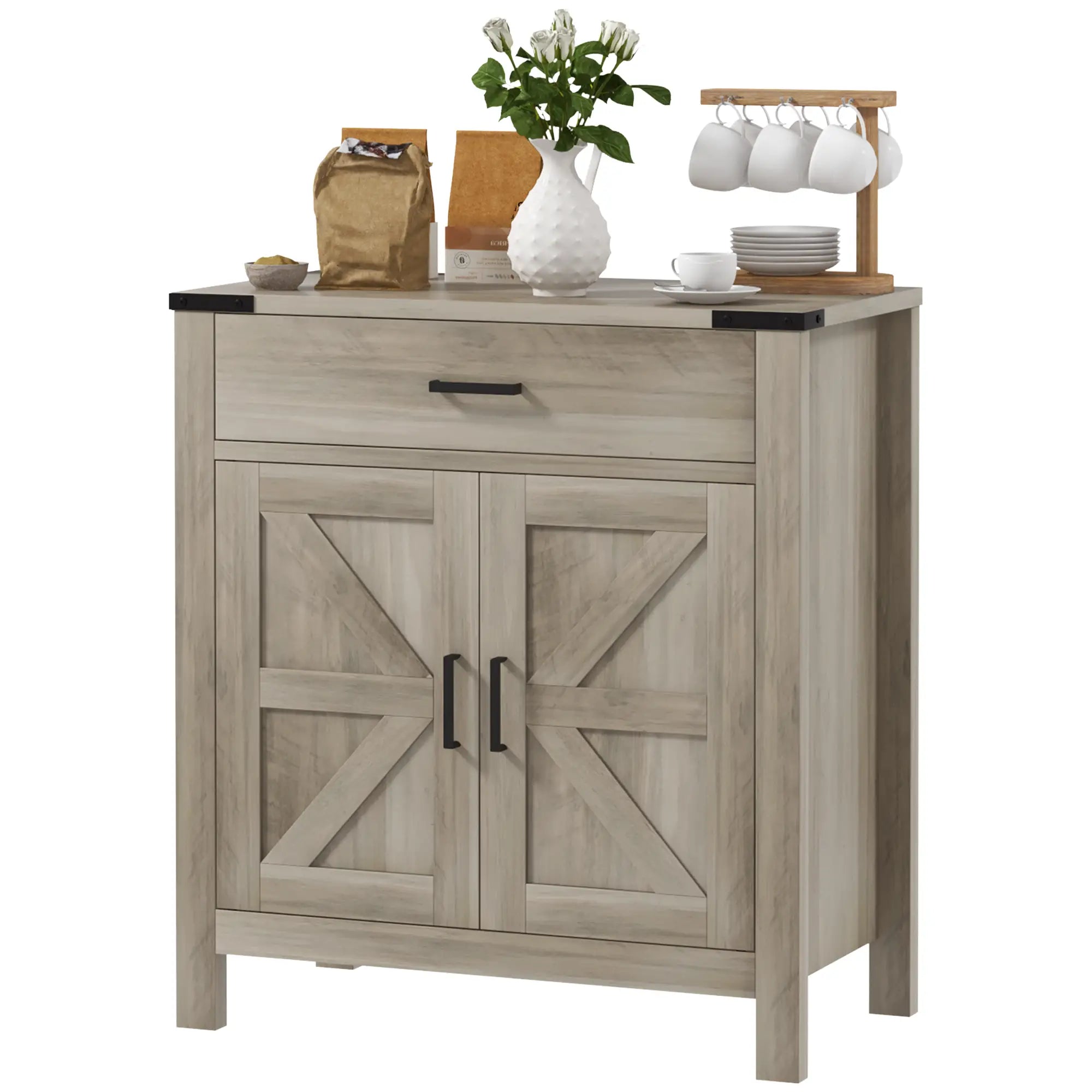 Farmhouse Buffet Cabinet, 1 Drawer, Storage Cabinet, Adjustable Shelf, Grey Bar Cabinets Grey at Gallery Canada