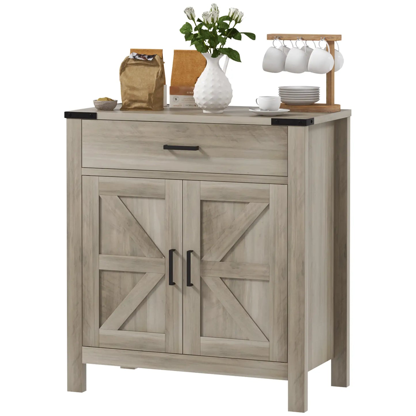 Farmhouse Buffet Cabinet, 1 Drawer, Storage Cabinet, Adjustable Shelf, Grey Bar Cabinets Grey at Gallery Canada
