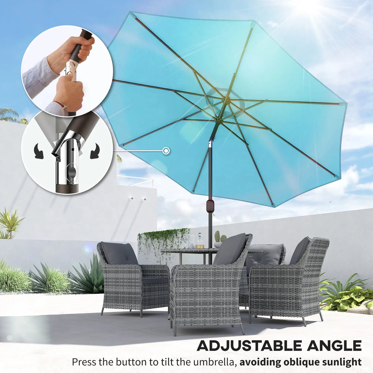 10' x 8' Round Market Umbrella, Crank Handle, Tilt, Sky Blue Sun Umbrellas at Gallery Canada