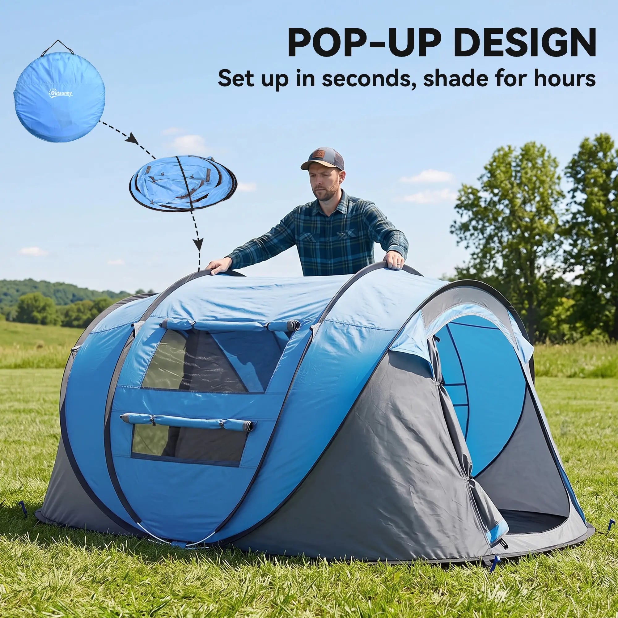 4 Person Pop Up Tent, Automatic Setup, With Doors, Windows, Carry Bag, Blue Camping Tents at Gallery Canada