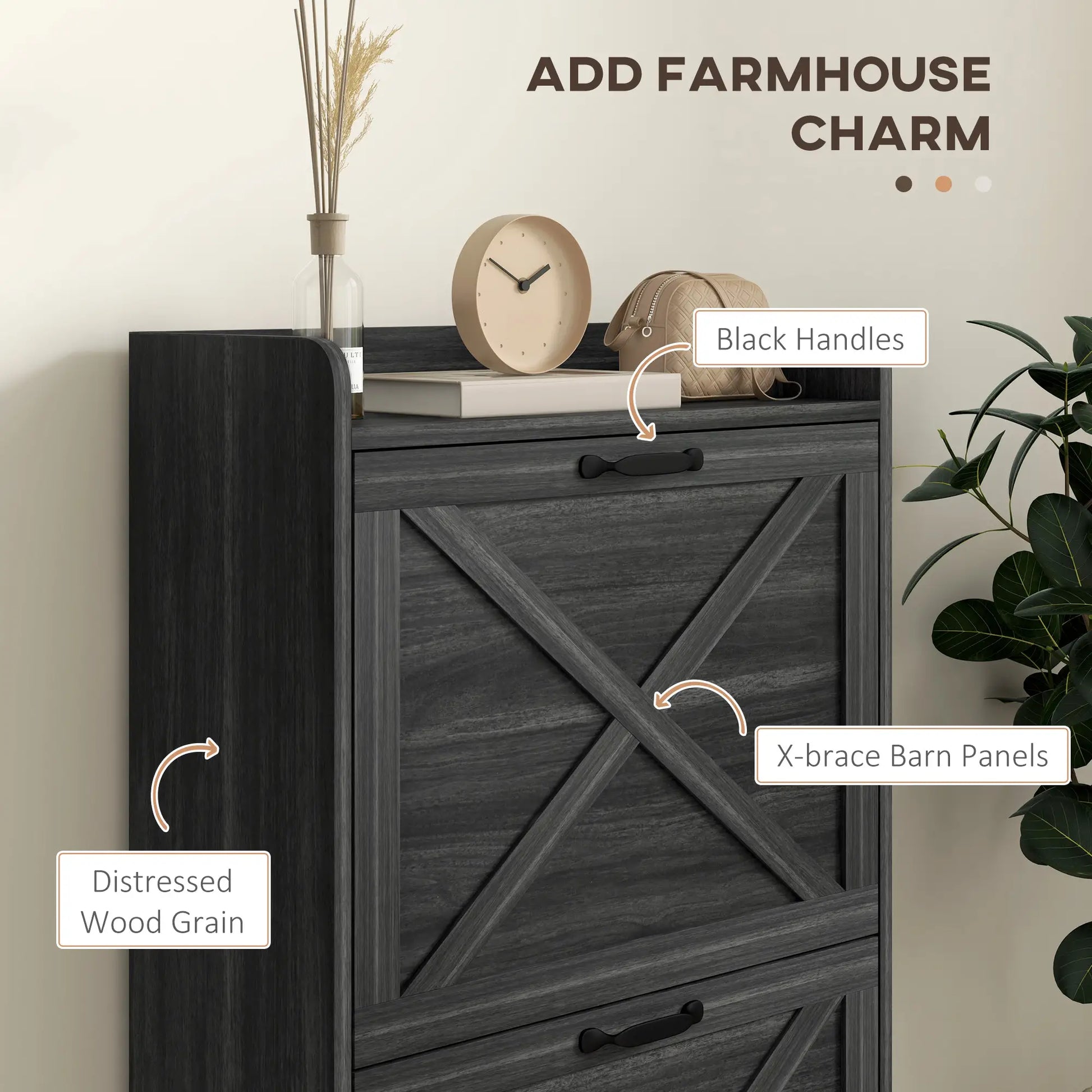 Slim Shoe Storage Cabinet, 2 Flip Drawers, Adjustable Shelves, Distressed, Grey Shoe Storage Cabinets & Racks at Gallery Canada