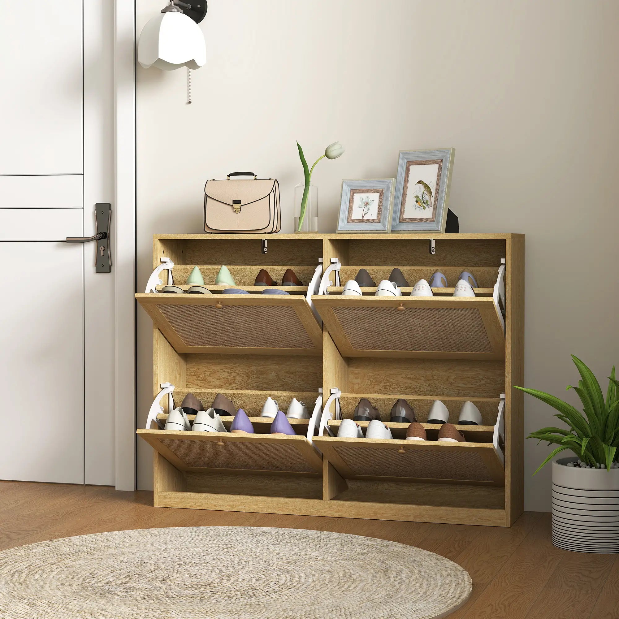 Narrow Shoe Storage Cabinet, 4 Flip Drawers, Adjustable Shelves, 20 Pairs, Oak Shoe Storage Cabinets & Racks at Gallery Canada
