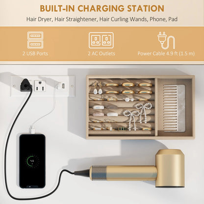 Vanity Desk with Mirror, LED Lights, Power Outlet, White Dressing & Vanity Tables at Gallery Canada