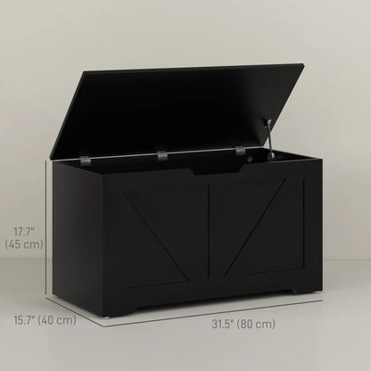 31.5 Inches Storage Chest, Wooden Box with Safety Hinges, Wood Grain, Black Storage Cabinets at Gallery Canada