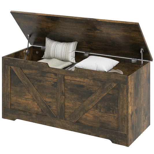 39,4 Pouces Coffre de rangement en bois, 2 charnières de sécurité, grain de bois brun