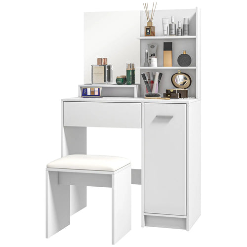 Vanity Set with Mirror, Stool, Storage Drawer, White