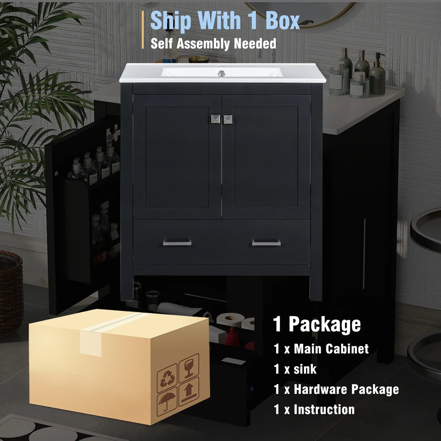 30" Bathroom Vanity, Single Undermount Sink, Soft-Close Doors, Black+White Sink Cabinets at Gallery Canada