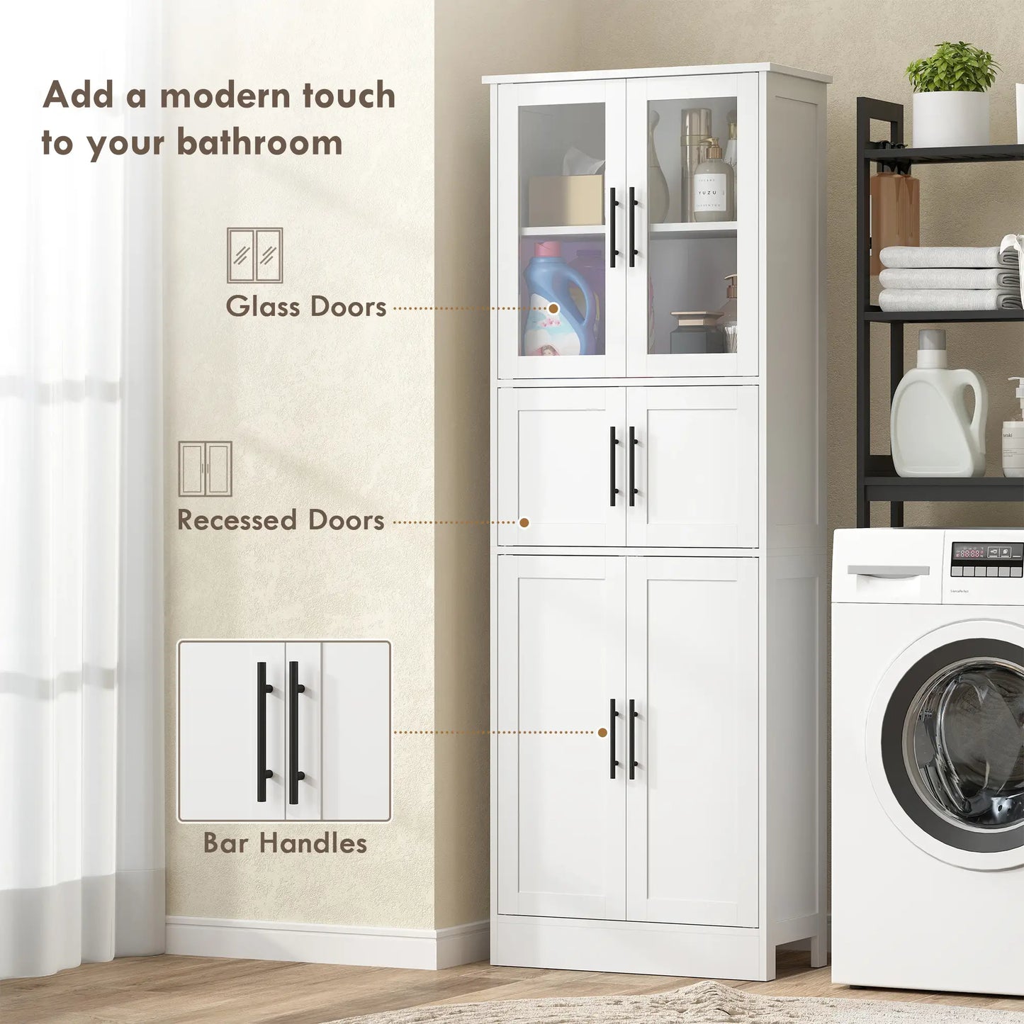 67" Tall Bathroom Storage Cabinet, Glass Doors, Adjustable Shelves, White Bathroom Cabinets at Gallery Canada