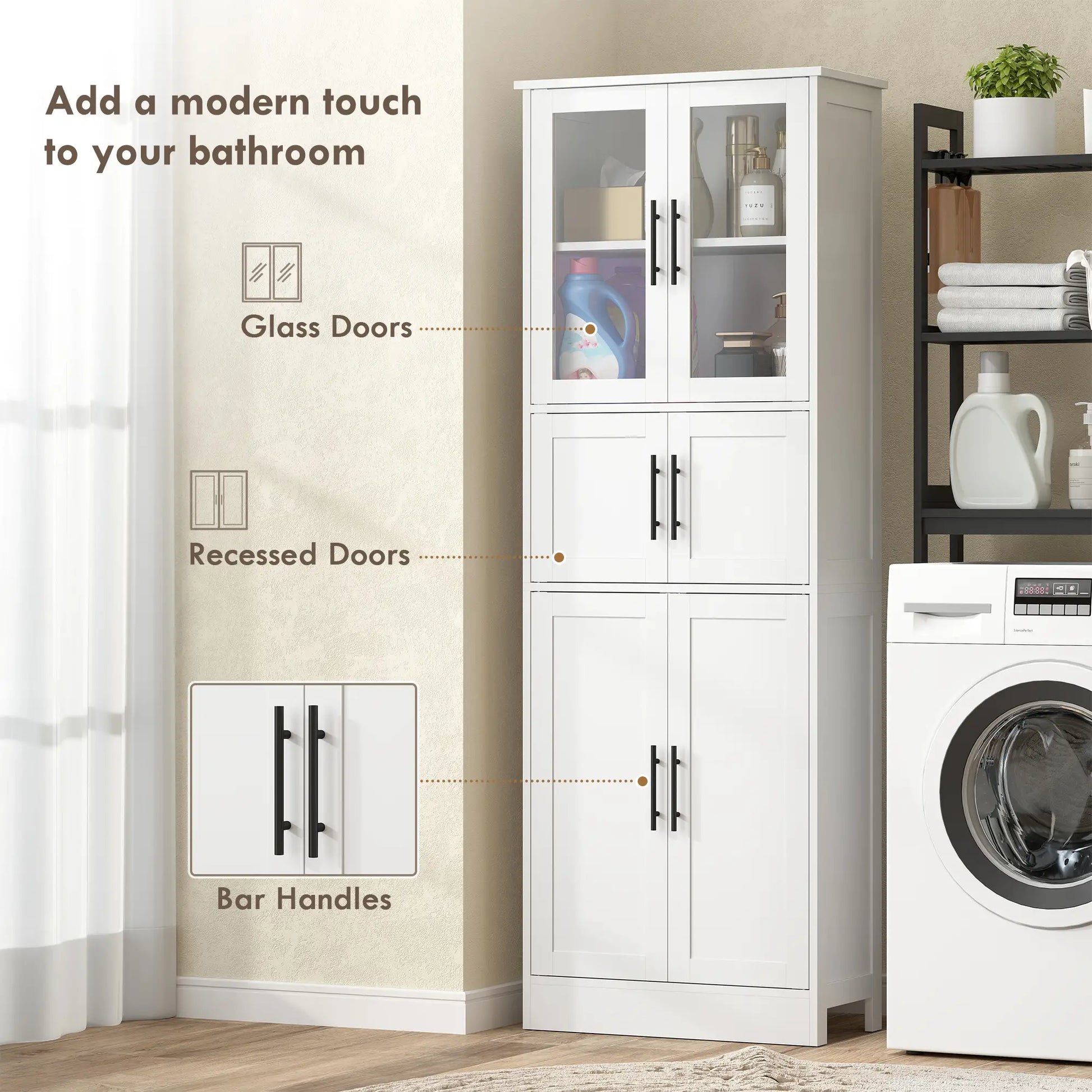 67" Tall Bathroom Storage Cabinet, Glass Doors, Adjustable Shelves, White Bathroom Cabinets at Gallery Canada