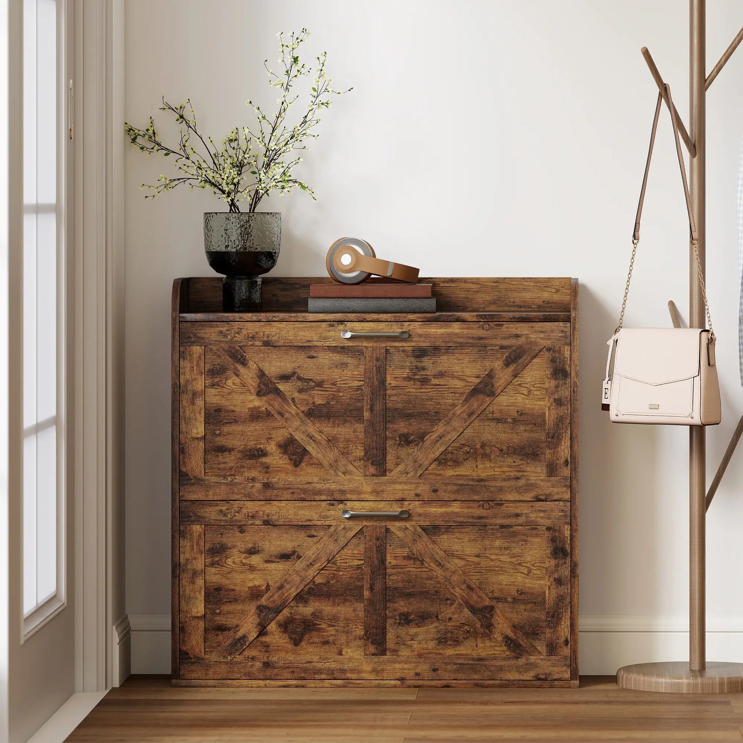 Narrow Shoe Storage Cabinet, Farmhouse Slim Shoe Cabinet with 2 Flip Drawers, Adjustable Shelves, Rustic Brown Shoe Storage Cabinets & Racks at Gallery Canada