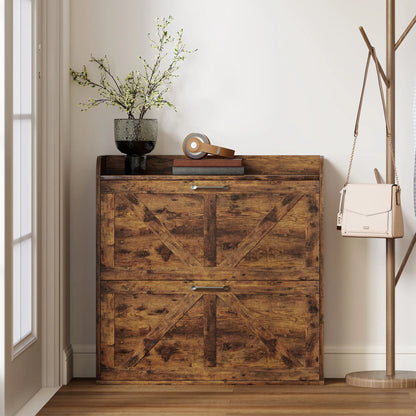 Narrow Shoe Storage Cabinet, Farmhouse Slim Shoe Cabinet with 2 Flip Drawers, Adjustable Shelves, Rustic Brown Shoe Storage Cabinets & Racks at Gallery Canada
