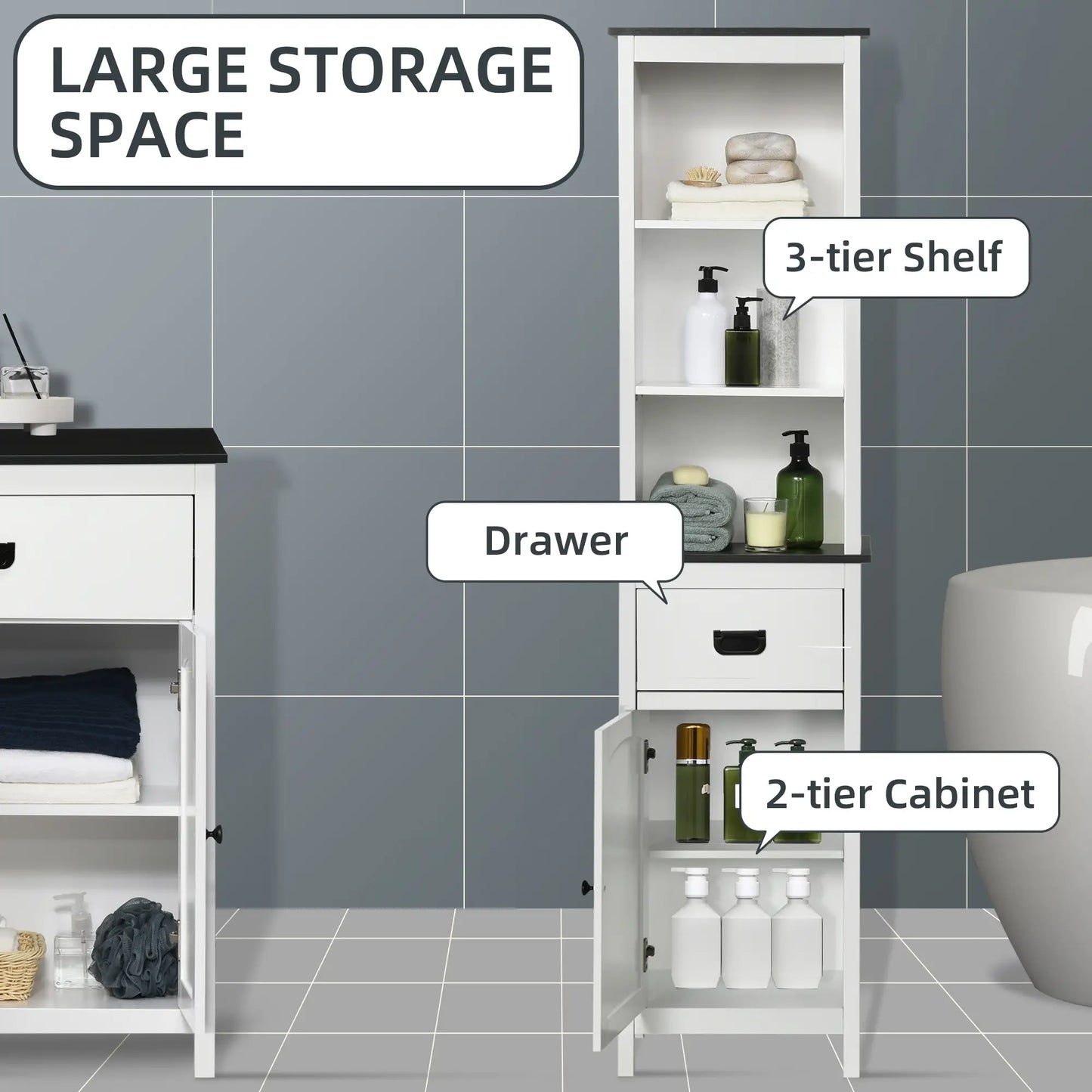 Tall Bathroom Storage Cabinet, Floor Standing with Drawer, Adjustable Shelf, White Bathroom Cabinets at Gallery Canada