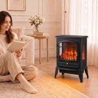 Poêle-cheminée électrique, radiateur infrarouge 3 faces 725W/1450W, noir