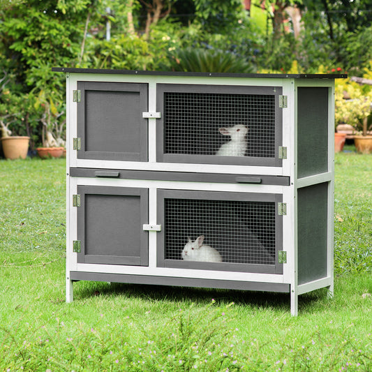 Rabbit Hutch Wooden Bunny Cage Small Animal House w/ 2 Large Main Rooms, Pull Out Tray, Protection from UV Rays and Water, Grey - Gallery Canada