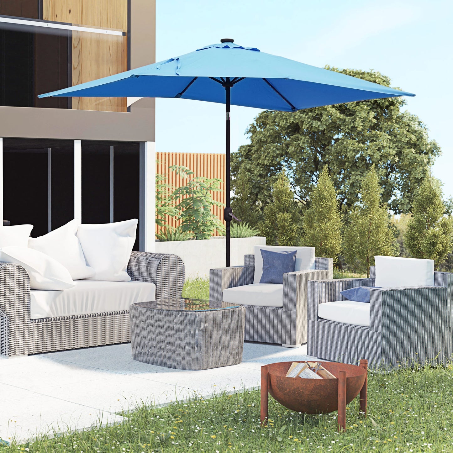 6' x 10' Rectangular Patio Umbrella, 22 LED Solar Lights, Tilt, Crank, Light Blue Sun Umbrellas at Gallery Canada
