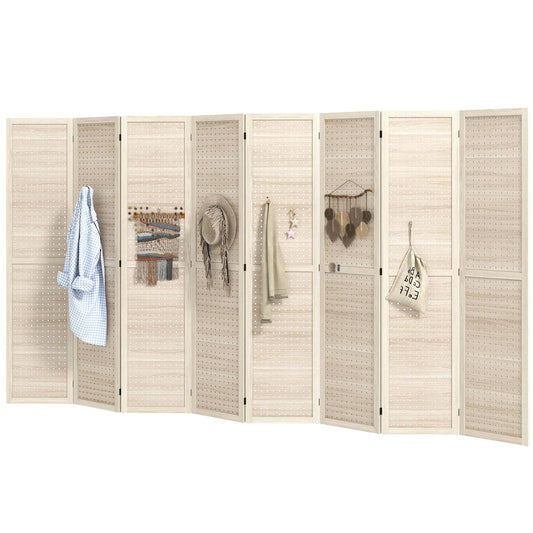5.6 Ft. 8-Panel Room Divider, Pegboard Privacy Screen, Partition Wall, Natural