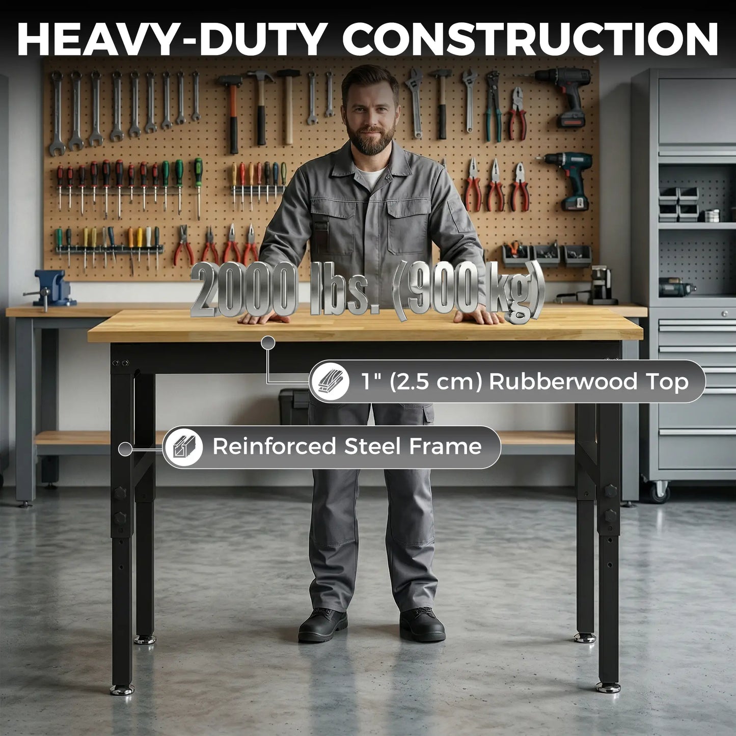 48" Adjustable Workbench, Heavy Duty Work Table with Rubber Wood Top, Power Outlets, Pegboard, 2000 LBS Capacity Tool Organizers at Gallery Canada