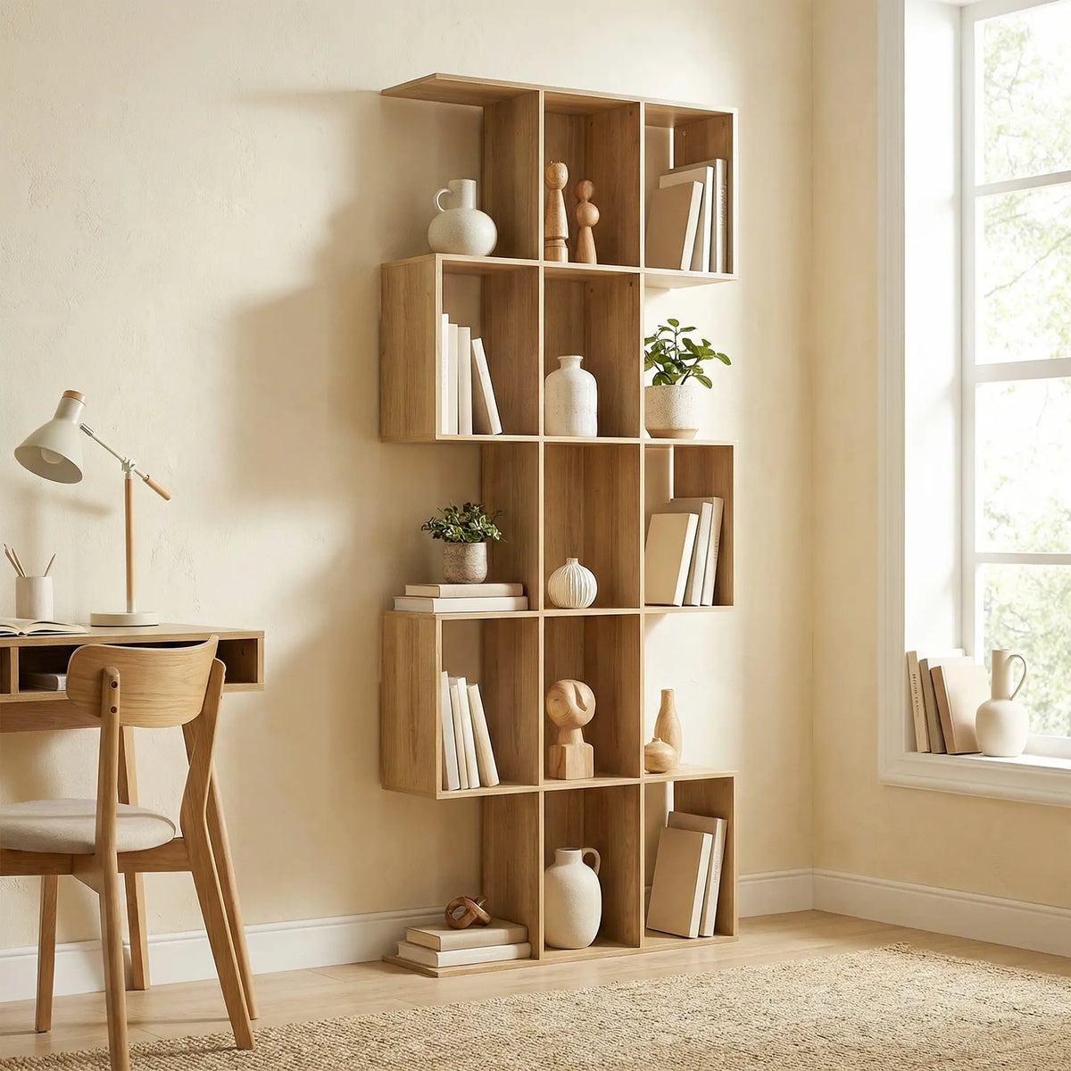 5-Tier S Shaped Geometric Bookcase, 15 Compartments, Oak