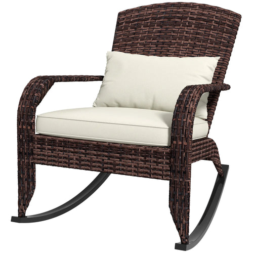 Outdoor Wicker Rocking Chair, High Back, Seat Cushion, Cream/Brown