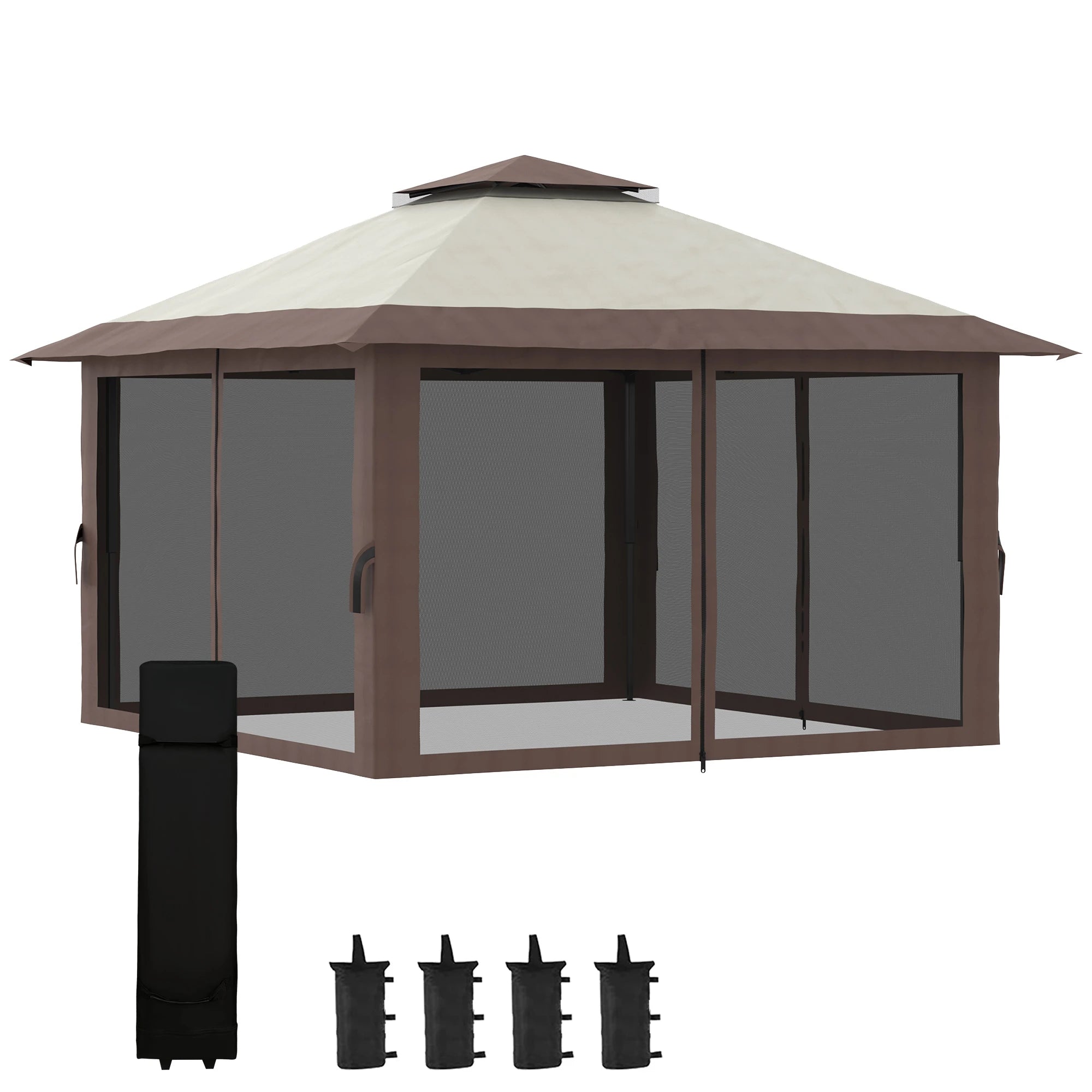 13' x 13' Pop Up Canopy, 2-Tier Roof Tent with Net, Beige Pop Up Canopies Beige and Brown at Gallery Canada