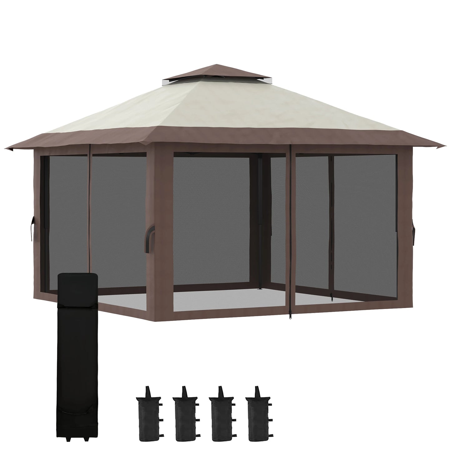 13' x 13' Pop Up Canopy, 2-Tier Roof Tent with Net, Beige Pop Up Canopies Beige and Brown at Gallery Canada