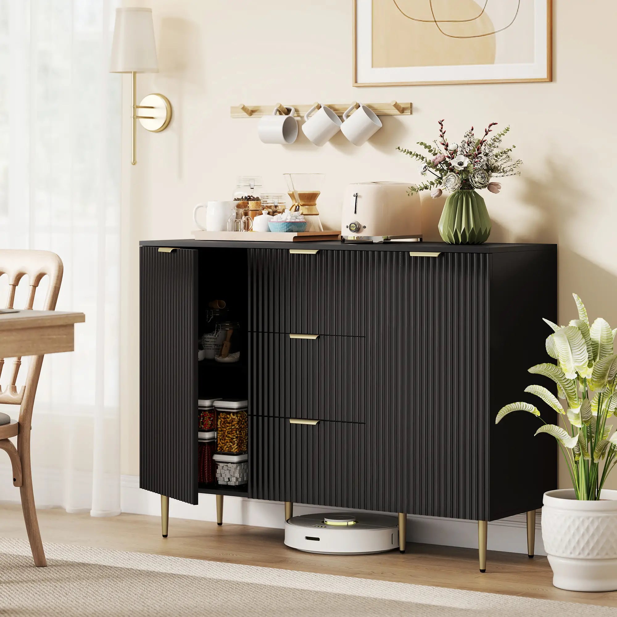 Modern Kitchen Storage Cabinet, 3 Drawers, Adjustable Shelves, Black Bar Cabinets at Gallery Canada