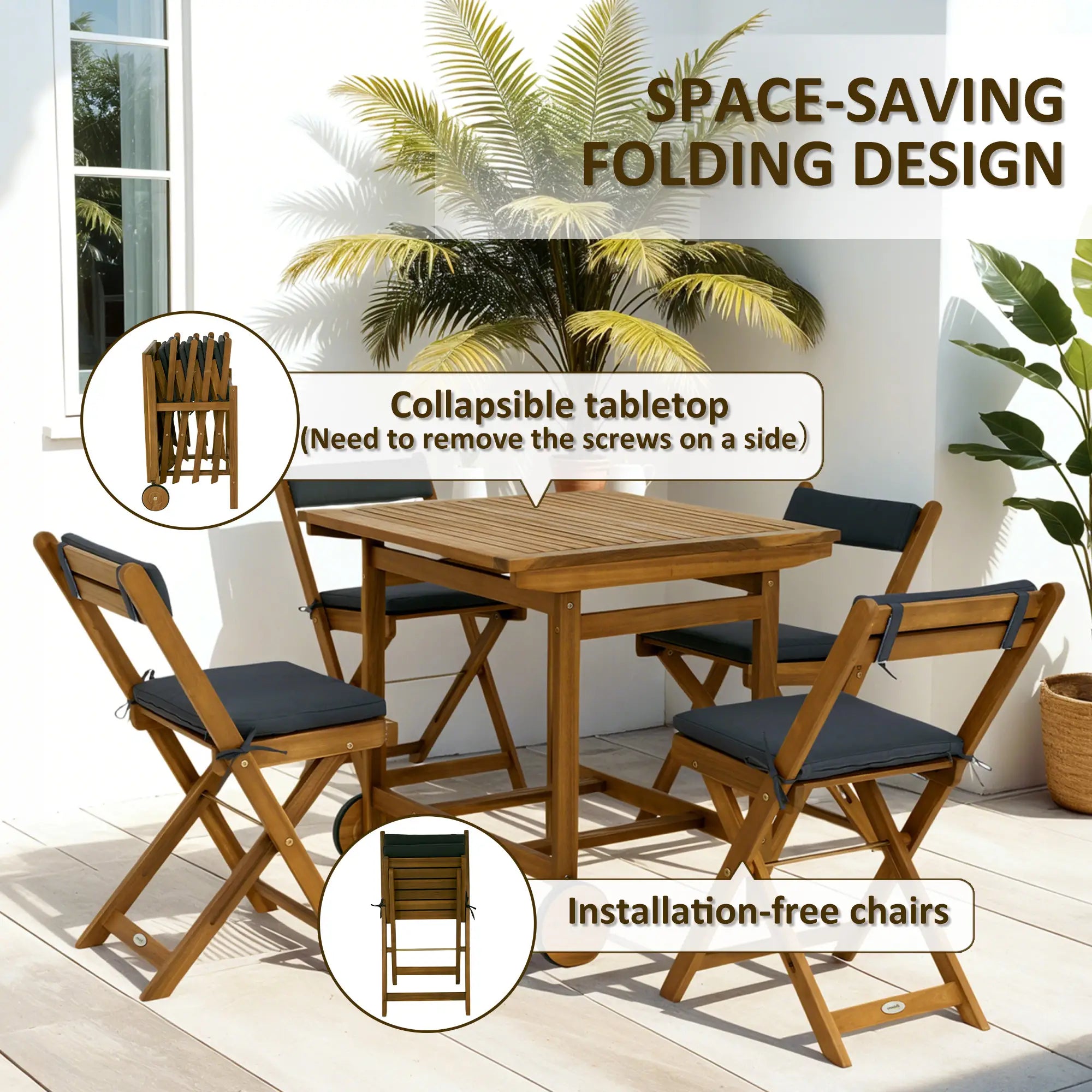 5-Piece Wood Patio Dining Set, Wheeled Table, Folding Chairs with Cushions, Teak Outdoor Dining Sets at Gallery Canada