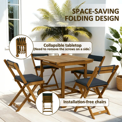 5-Piece Wood Patio Dining Set, Wheeled Table, Folding Chairs with Cushions, Teak Outdoor Dining Sets at Gallery Canada