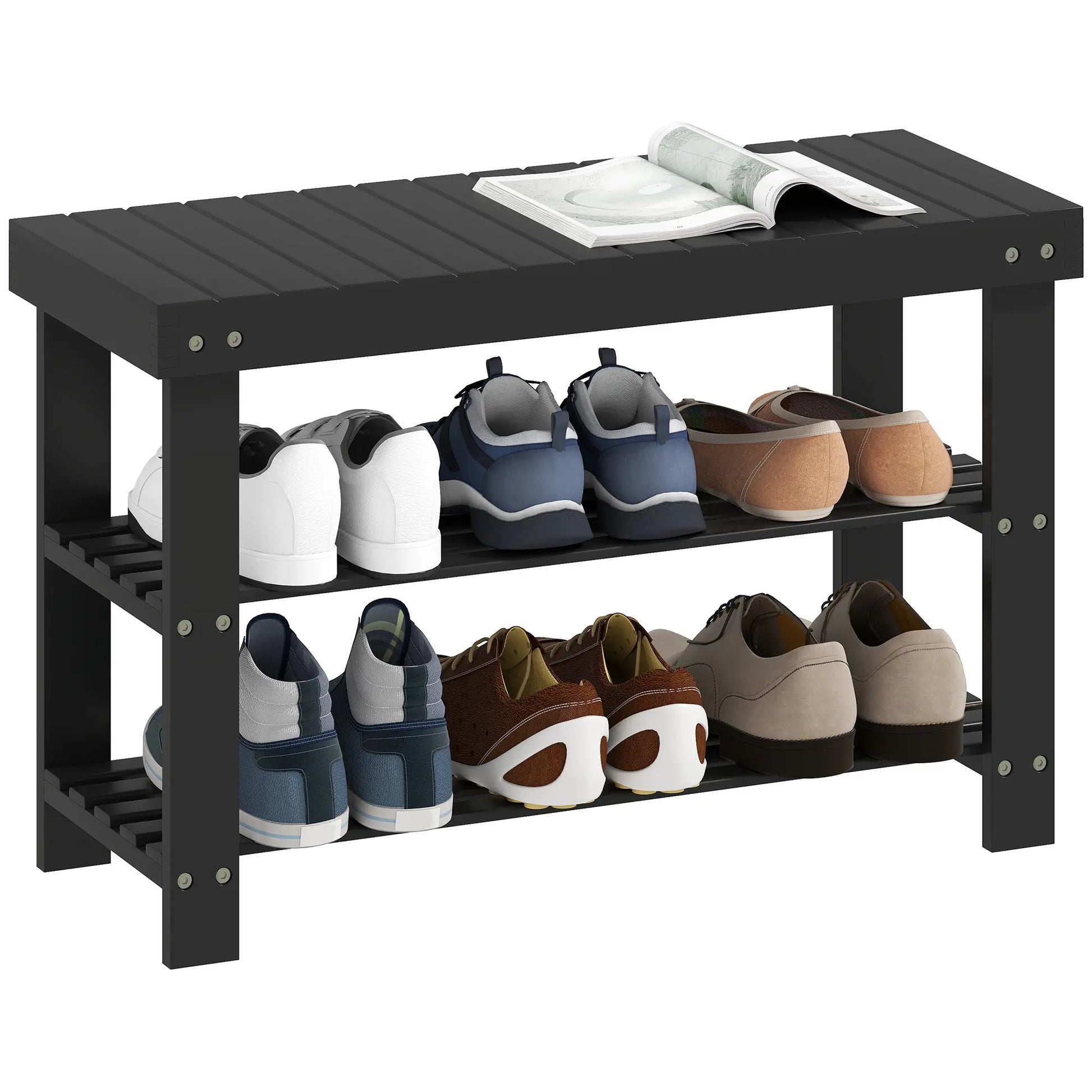 Bamboo Shoe Storage Bench, 3-Tier, 2 Shelves, Holds 6 Pairs, Black Shoe Storage Cabinets & Racks at Gallery Canada