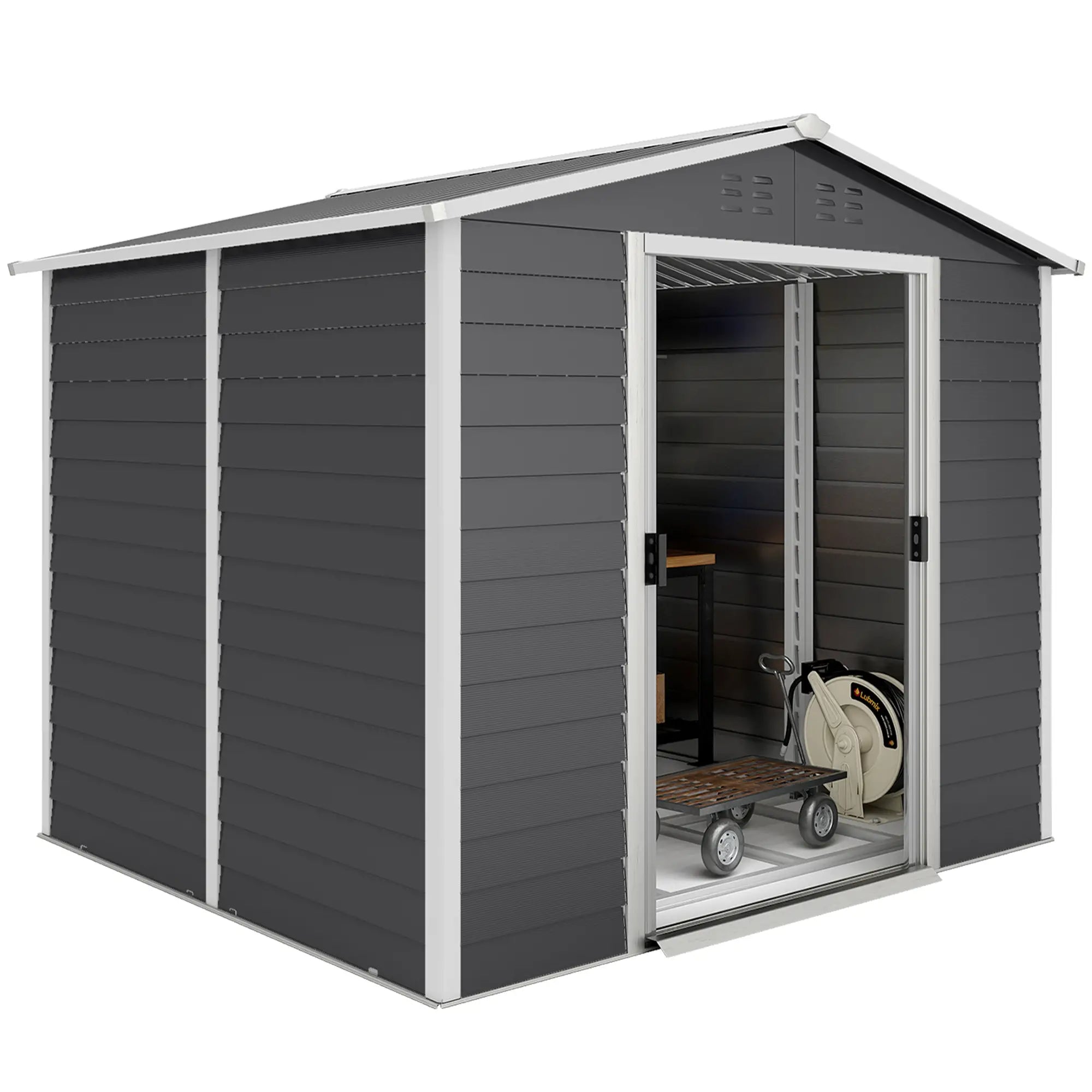 8' x 7' Outdoor Storage Shed, Galvanized Metal, Lockable Doors, Dark Grey Sheds Dark Grey at Gallery Canada