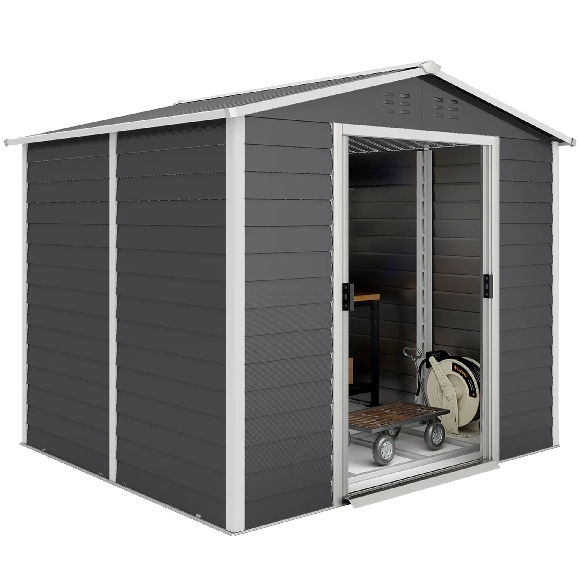 8' x 7' Outdoor Storage Shed, Galvanized Metal, Lockable Doors, Dark Grey Sheds Dark Grey at Gallery Canada