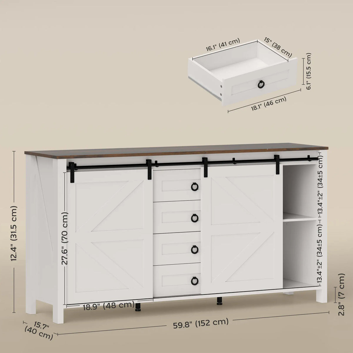 60" Buffet Cabinet, Farmhouse Sideboard, Cream White Bar Cabinets at Gallery Canada