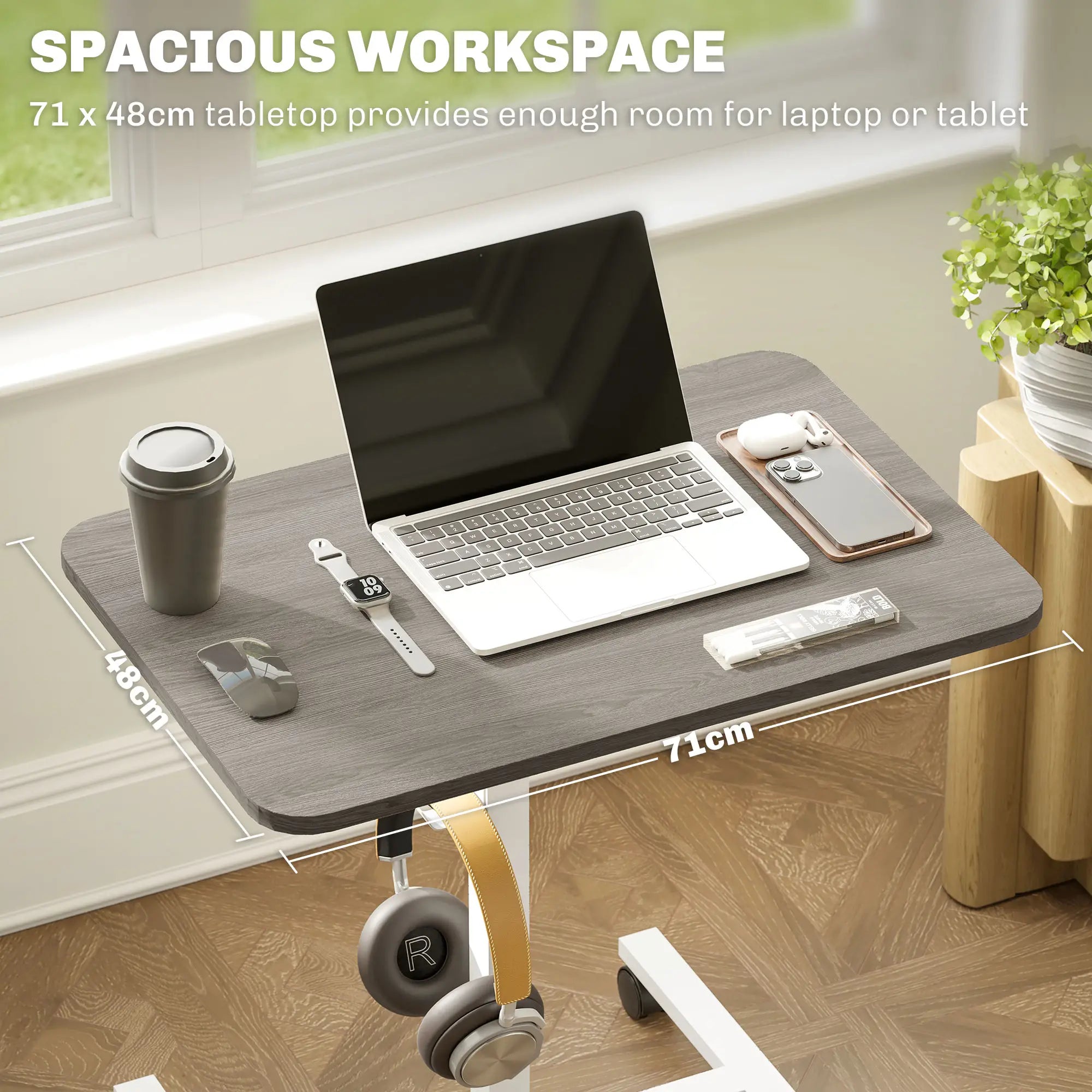 Height Adjustable Standing Desk, Pneumatic Sit Stand Desk with Wheels and Headphone Hook, Grey Office Desks & Work Stations at Gallery Canada