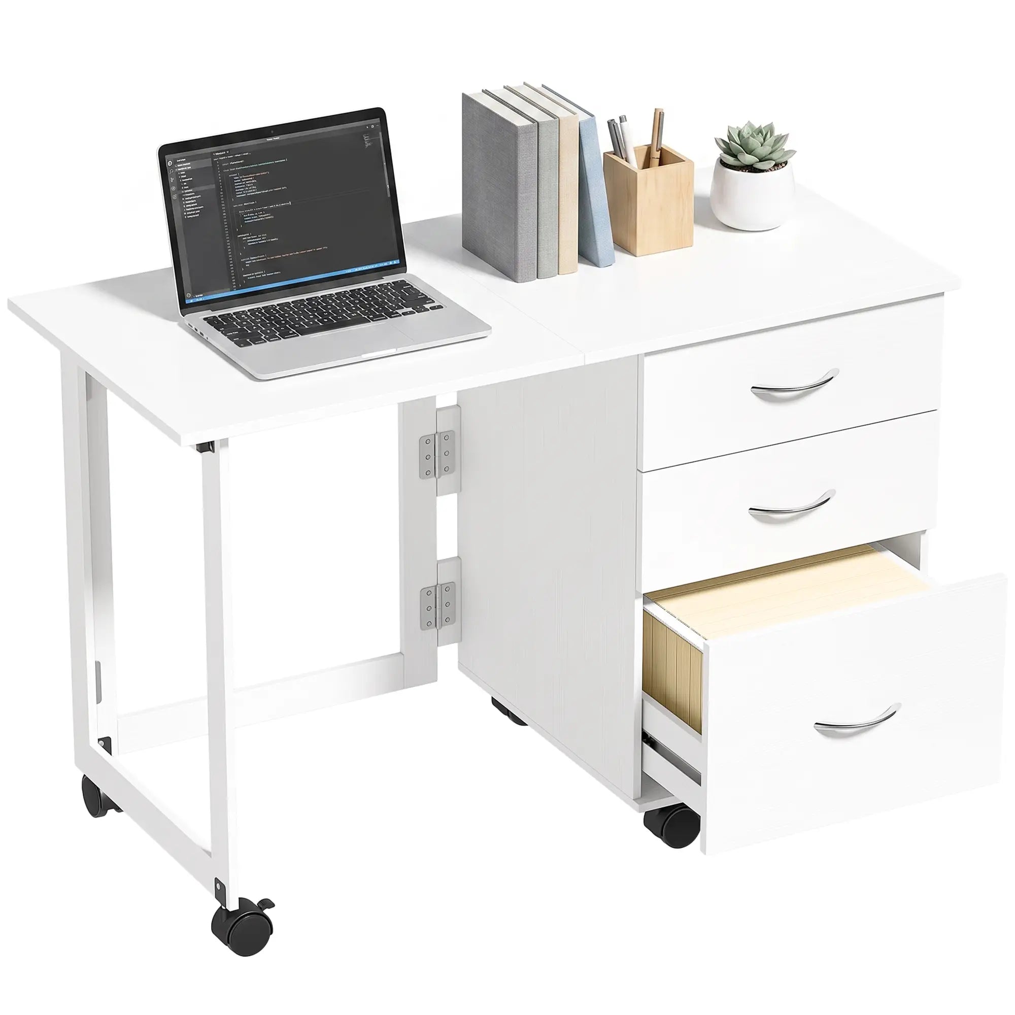 Foldable Computer Desk, 3 Drawers, White Computer Desks White, Silver Tone at Gallery Canada
