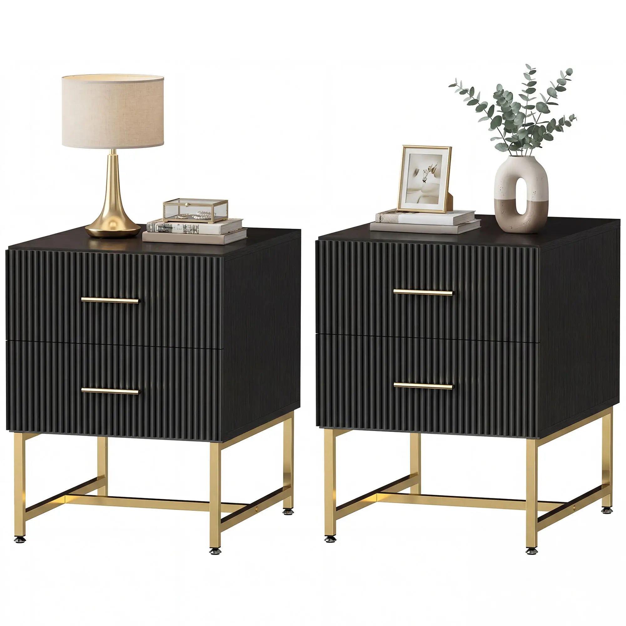 Modern Nightstands With Storage, 2 Fluted Drawers, Gold Legs, Black Bedside Tables Black at Gallery Canada