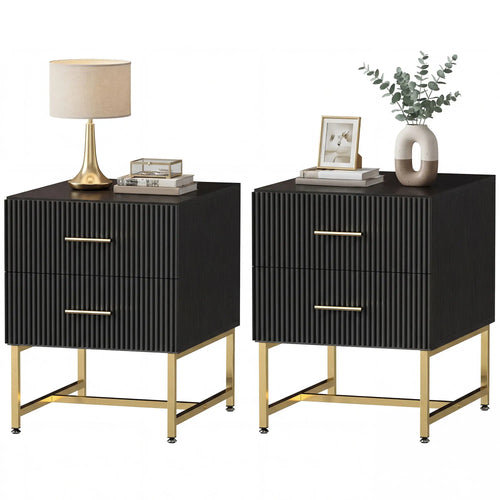 Modern Nightstands With Storage, 2 Fluted Drawers, Gold Legs, Black