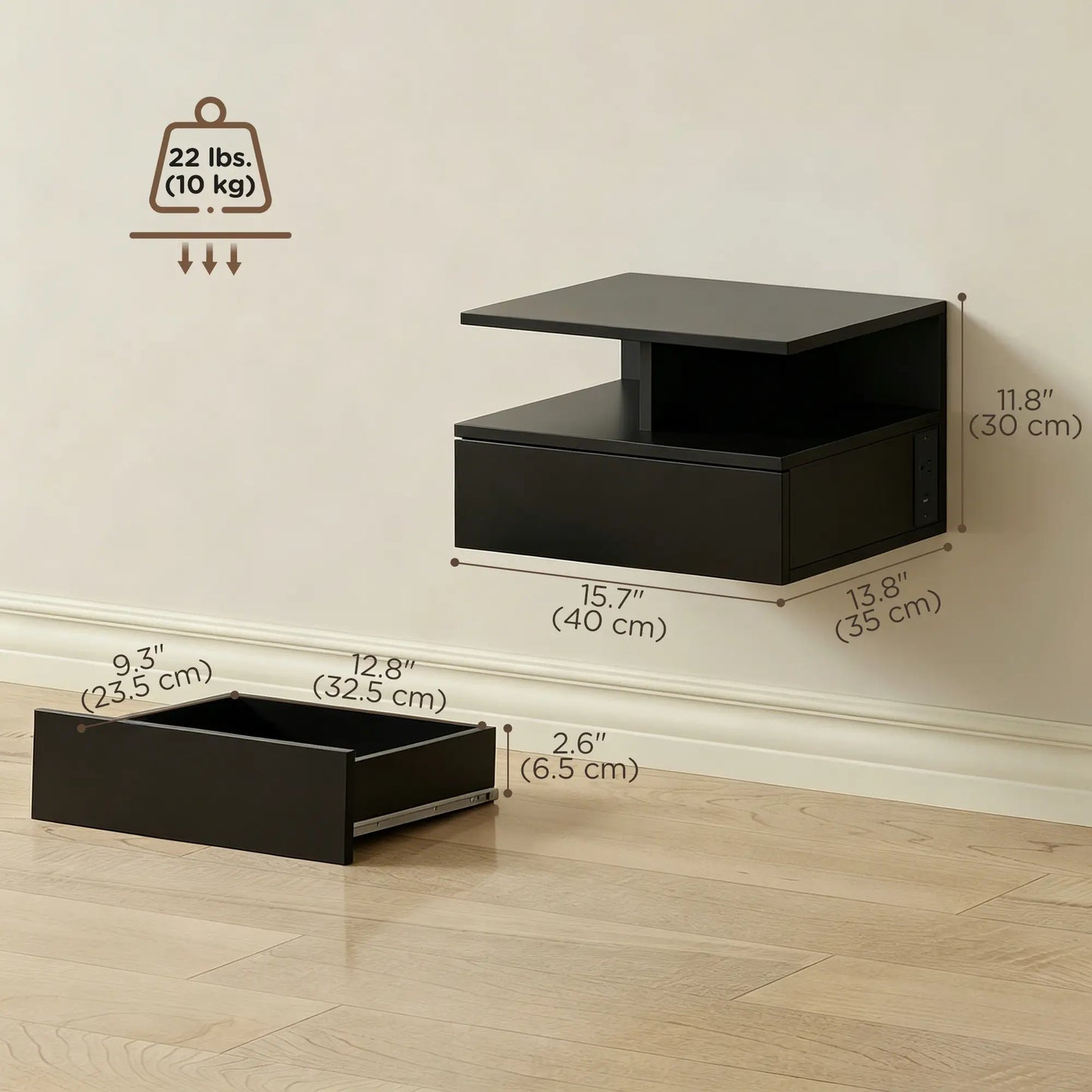 Floating Nightstand Set of 2, Wall Mounted Bedside Table with with Power Outlets, Drawer and Shelf, Black