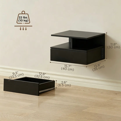 Floating Nightstand Set of 2, Wall Mounted Bedside Table with with Power Outlets, Drawer and Shelf, Black